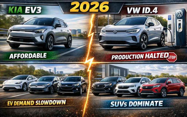 US electric vehicle market 2026 showing Kia EV3 affordable push and Volkswagen ID4 production cut reflecting changing demand and hybrid growth