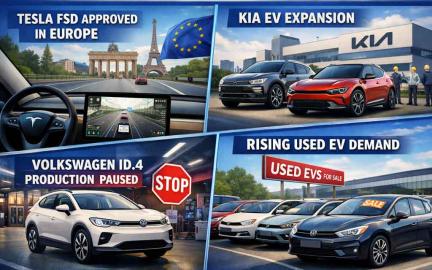 Electric vehicle market 2026 showing Tesla Kia and Volkswagen models highlighting FSD approval EV growth and used EV surge