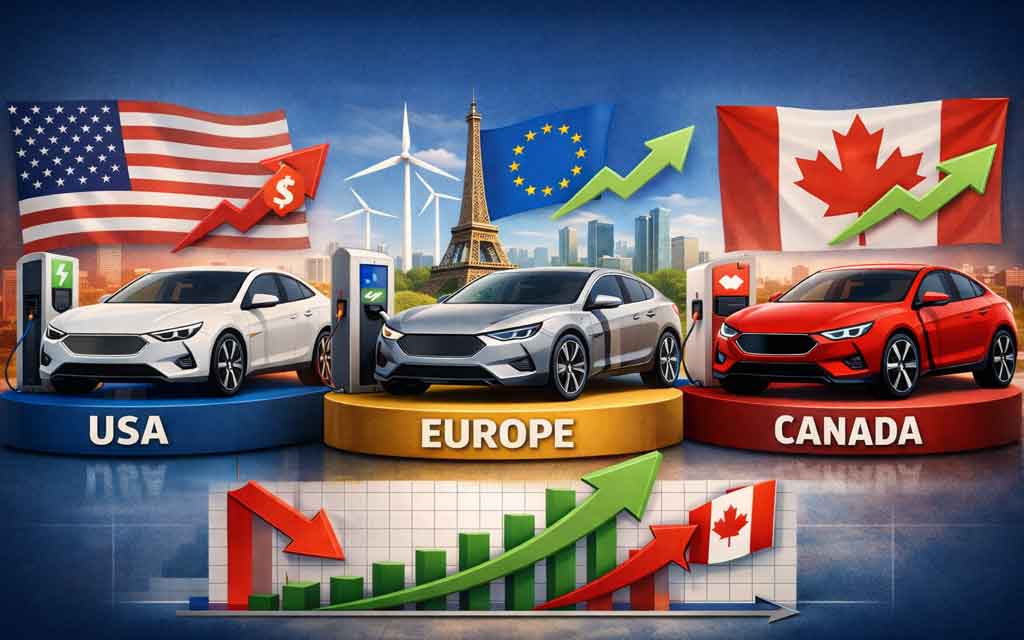 Comparison of EV policies in USA Europe and Canada showing infrastructure incentives and electric vehicle adoption trends in 2026