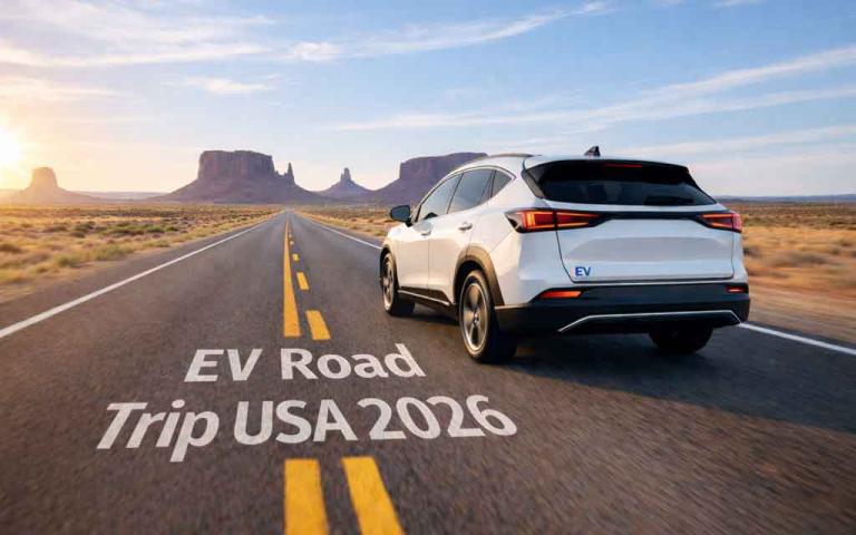 Tesla Model Y on a cross country road trip in the US showcasing EV charging stops infrastructure and real world electric vehicle usage in 2026