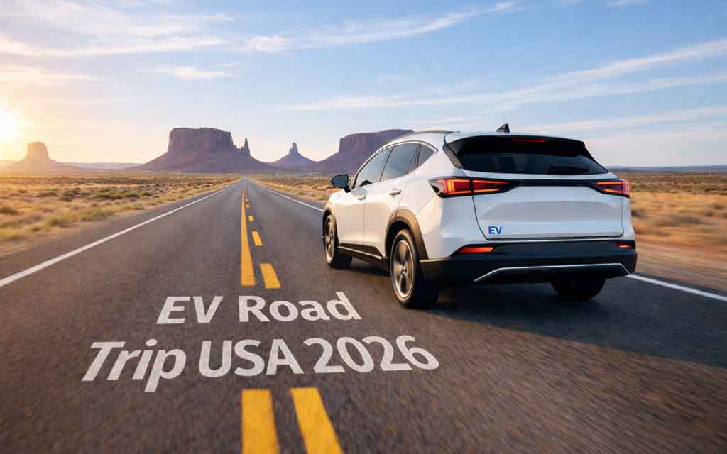 Tesla Model Y on a cross country road trip in the US showcasing EV charging stops infrastructure and real world electric vehicle usage in 2026