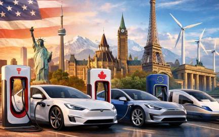 Electric vehicle sales trends in March 2026 showing regional differences between USA, Canada, and Europe