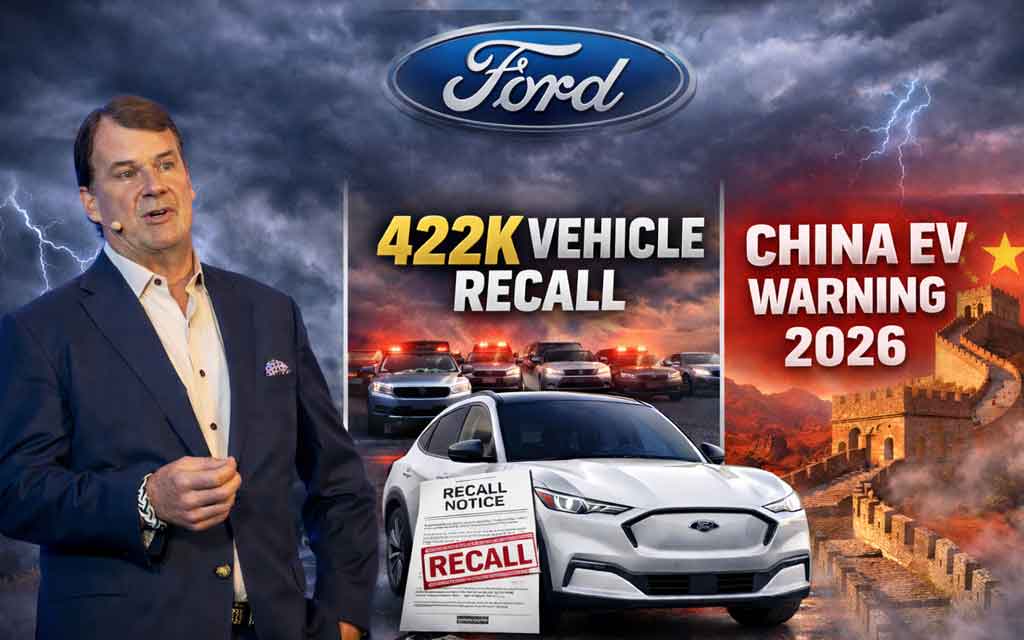 Ford vehicles including trucks and SUVs affected by recall alongside EV strategy shift and China competition warning in 2026