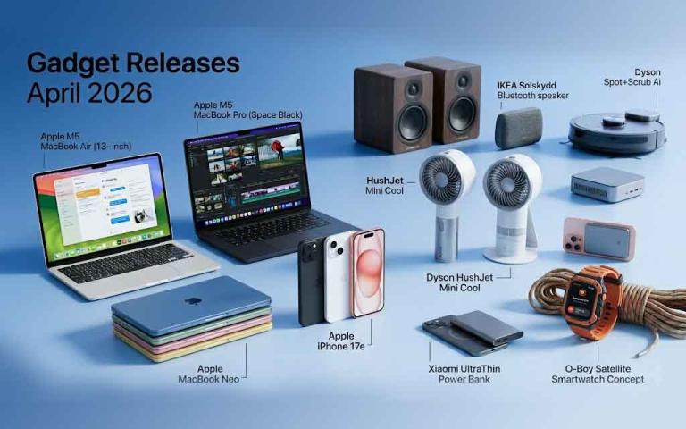 Latest gadgets April 2026 including Apple M5 MacBooks iPhone 17e Dyson portable fan and ultra thin power bank innovations