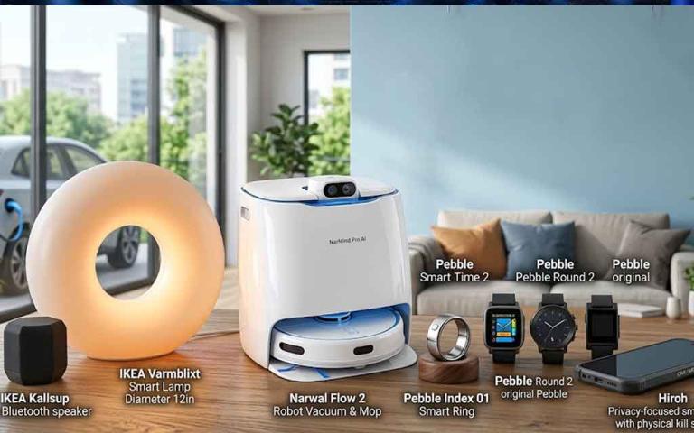 Smart home gadgets and AI wearables released in April 2026 including robot vacuum, smart lamp, and smart ring