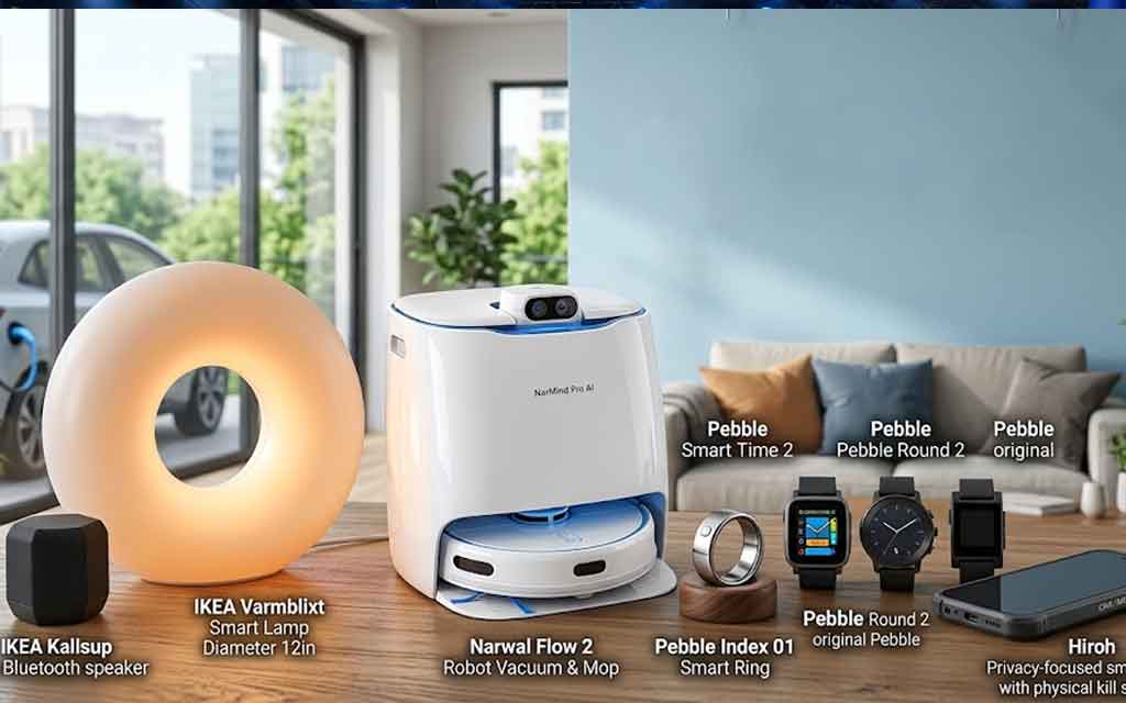 Smart home gadgets and AI wearables released in April 2026 including robot vacuum, smart lamp, and smart ring