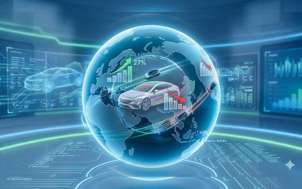 Global electric vehicle sales growth chart showing Europe surge and China North America slowdown in Q1 2026