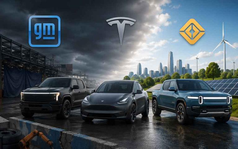 electric trucks from GM Tesla and Rivian representing shifting EV strategies and market trends in the United States in 2026