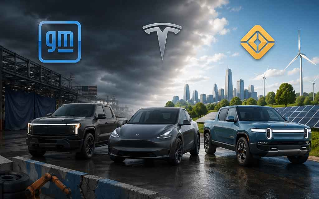 electric trucks from GM Tesla and Rivian representing shifting EV strategies and market trends in the United States in 2026