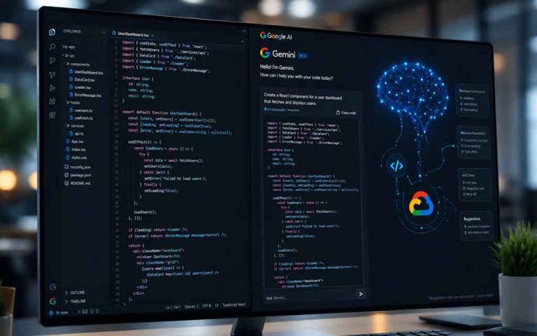 Google AI generating software code using Gemini models with engineers reviewing demonstrating future of coding and AI development in 2026