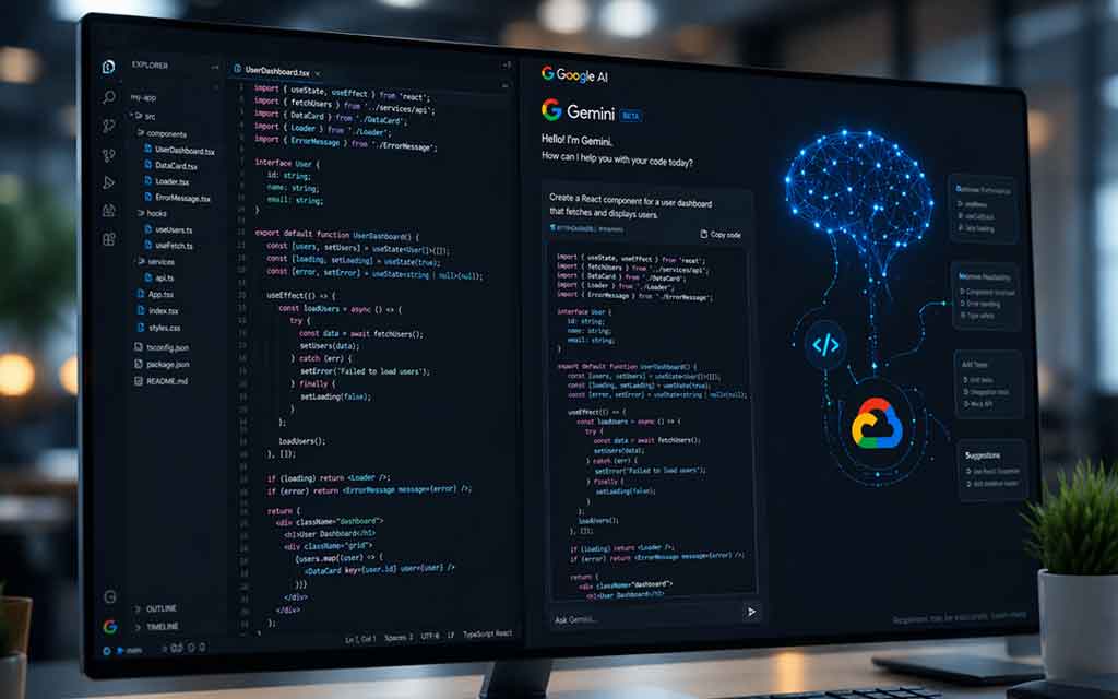 Google AI generating software code using Gemini models with engineers reviewing demonstrating future of coding and AI development in 2026