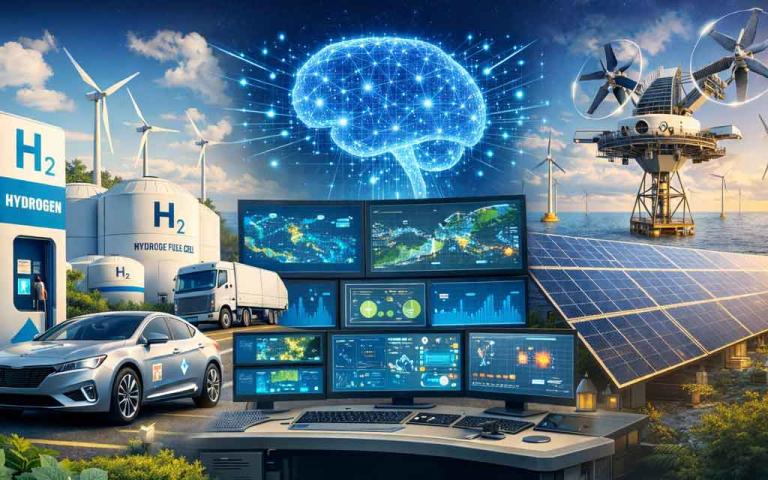 Green tech innovations 2026 including hydrogen fuel cells AI grid controllers and renewable energy systems powering sustainable future