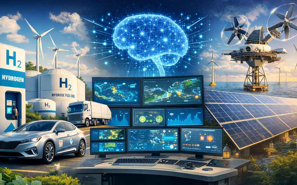 Green tech innovations 2026 including hydrogen fuel cells AI grid controllers and renewable energy systems powering sustainable future