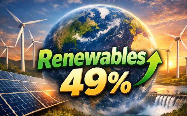 Solar panels and wind turbines generating renewable energy worldwide reaching 49 percent global power capacity milestone in 2026