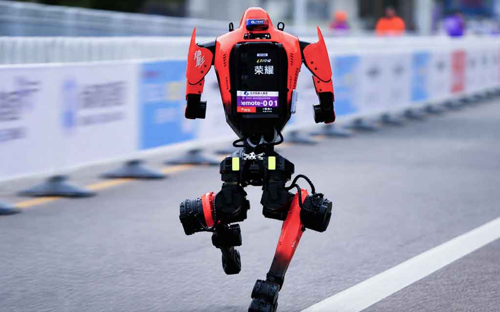 humanoid robot running marathon race in Beijing showcasing advanced AI robotics speed endurance and balance surpassing human athletes in 2026
