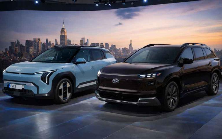 Kia EV3 compact electric SUV and Subaru Getaway three row EV showcased at New York Auto Show 2026