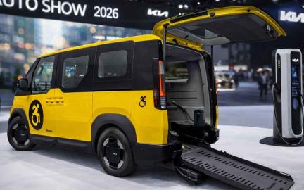 Kia PV5 WAV electric wheelchair accessible taxi concept with ramp and spacious interior showcased at New York Auto Show 2026