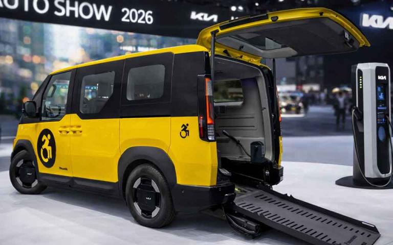 Kia PV5 WAV electric wheelchair accessible taxi concept with ramp and spacious interior showcased at New York Auto Show 2026