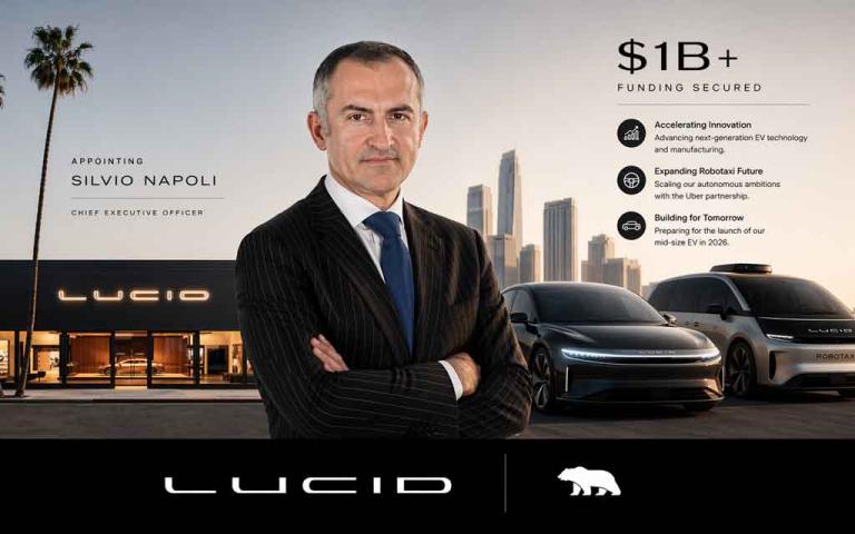 Lucid Motors electric vehicle with new CEO leadership and robotaxi strategy representing EV innovation and funding growth in 2026