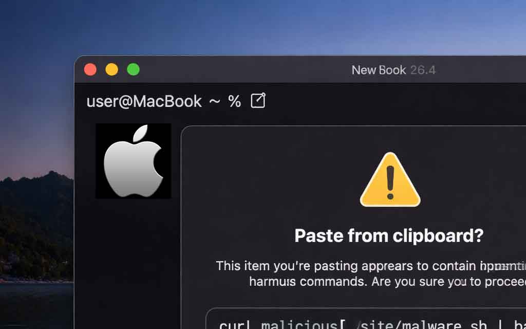 macOS Terminal showing security warning blocking malicious copy paste command to protect user from malware attack