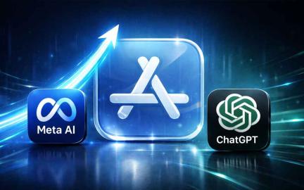 Meta AI app surpassing ChatGPT in Apple App Store rankings showing rapid growth in AI app downloads after Muse Spark release in 2026