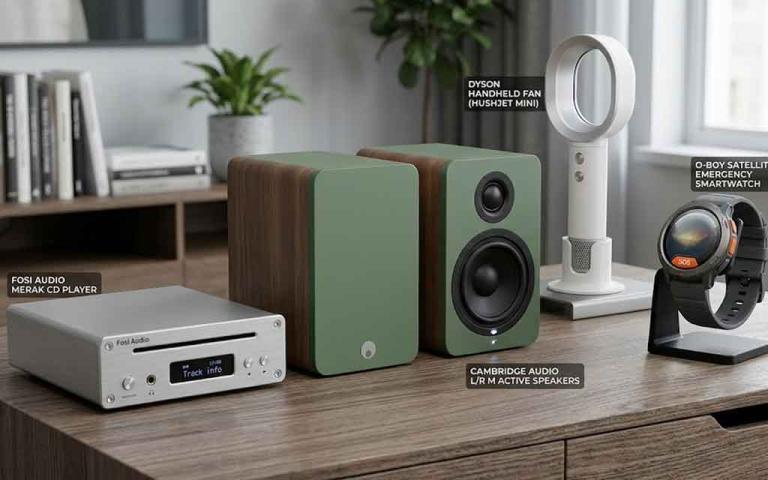 Top gadgets April 2026 including Fosi Audio CD player Cambridge speakers Dyson portable fan and satellite smartwatch innovations