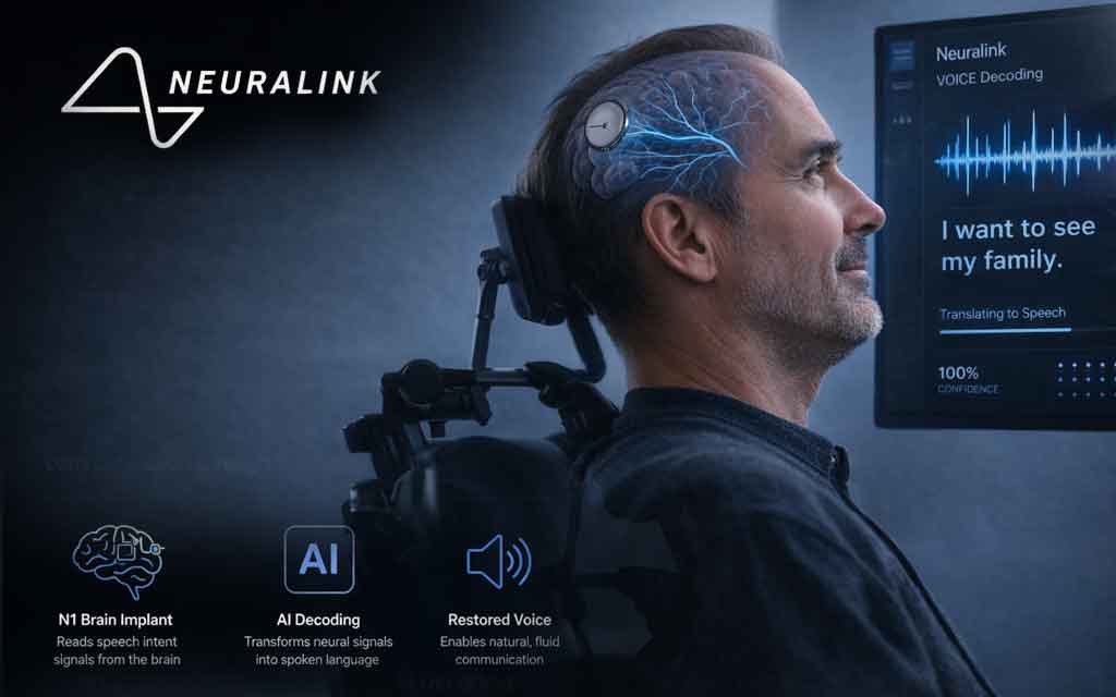 Neuralink brain implant enabling speech restoration for ALS patients using AI decoding of neural signals in 2026