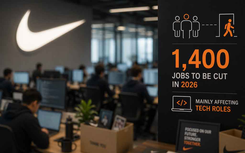 Nike headquarters and technology workforce concept showing layoffs and shift toward AI automation in 2026