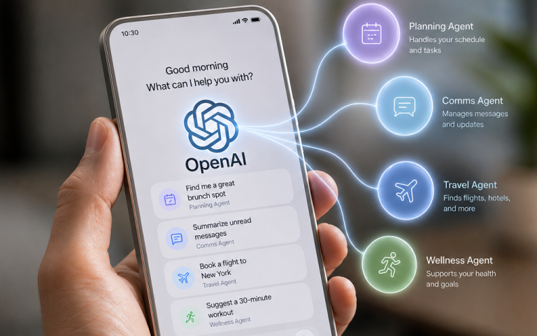 Concept of OpenAI AI agent smartphone replacing traditional mobile apps with intelligent automation