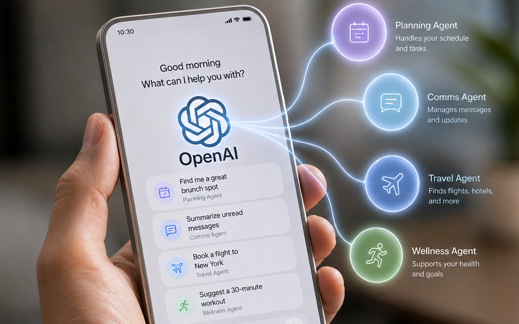 Concept of OpenAI AI agent smartphone replacing traditional mobile apps with intelligent automation