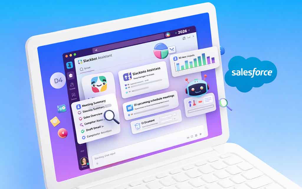 Salesforce Slackbot AI assistant 2026 showing workflow automation meeting intelligence and CRM integration in Slack workspace