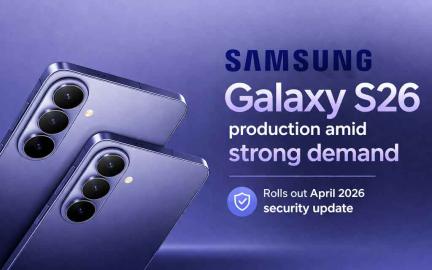 Samsung Galaxy S26 smartphone with AI features and April 2026 security update addressing vulnerabilities while production ramps up due to high demand