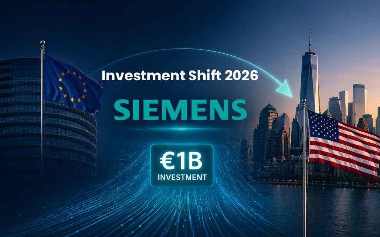 Siemens industrial AI systems and European factories representing investment shift due to EU AI regulations in 2026