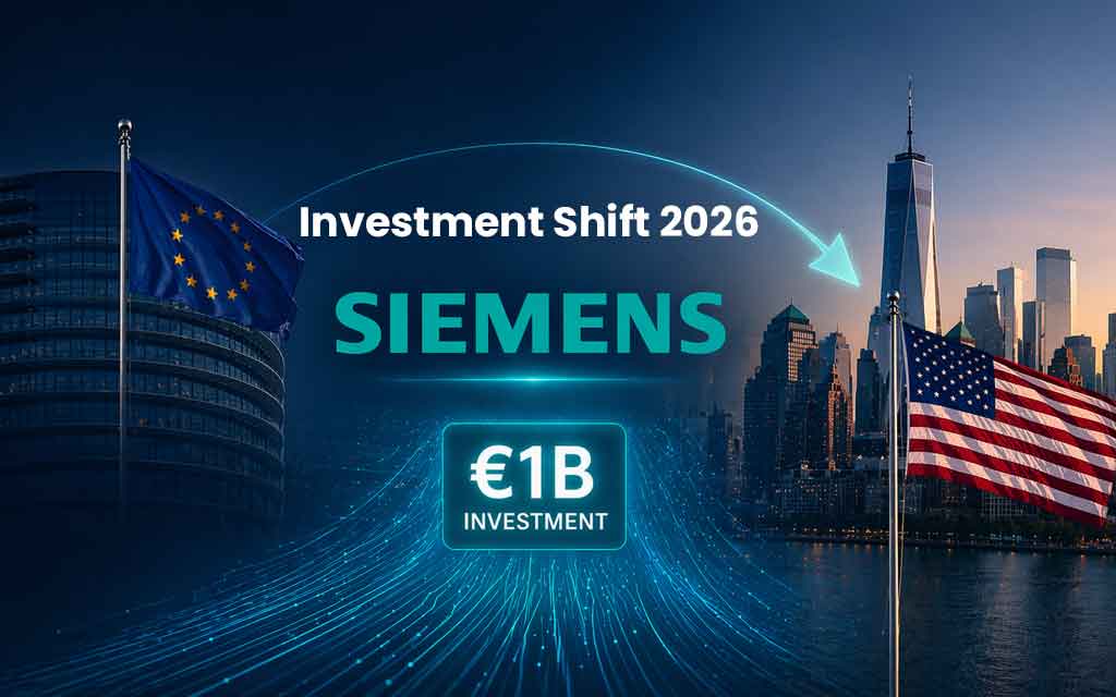 Siemens industrial AI systems and European factories representing investment shift due to EU AI regulations in 2026