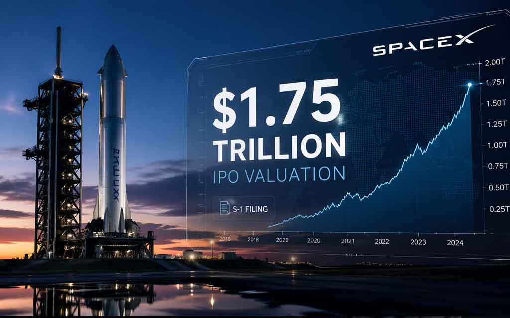 SpaceX rockets and Starlink satellites representing massive IPO valuation and space AI economy growth in 2026