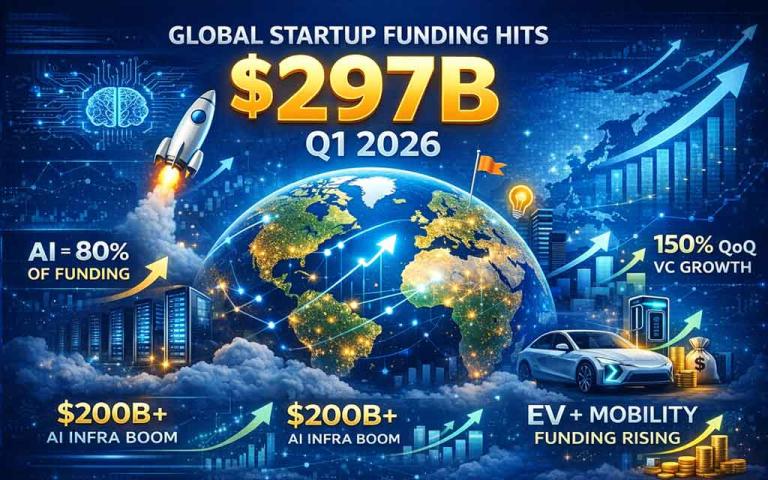 Startup funding surge 2026 showing AI investments data centers EV startups and venture capital growth globally