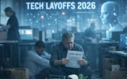 Tech layoffs 2026 showing employees leaving offices as AI automation reshapes software startups and automotive tech industries