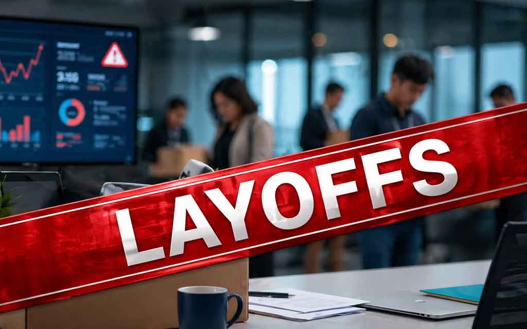 tech layoffs concept showing AI automation, EV industry slowdown, and workforce reductions across software and startups in 2026