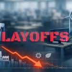 Employees leaving office buildings as tech companies cut jobs due to AI automation and EV market slowdown in 2026