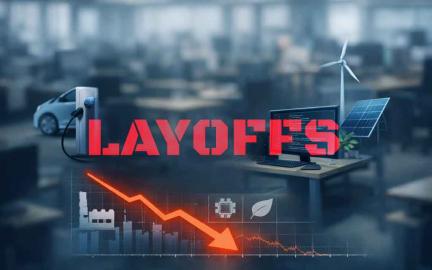 Employees leaving office buildings as tech companies cut jobs due to AI automation and EV market slowdown in 2026