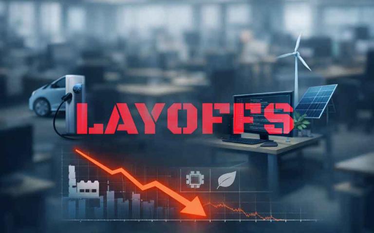 Employees leaving office buildings as tech companies cut jobs due to AI automation and EV market slowdown in 2026