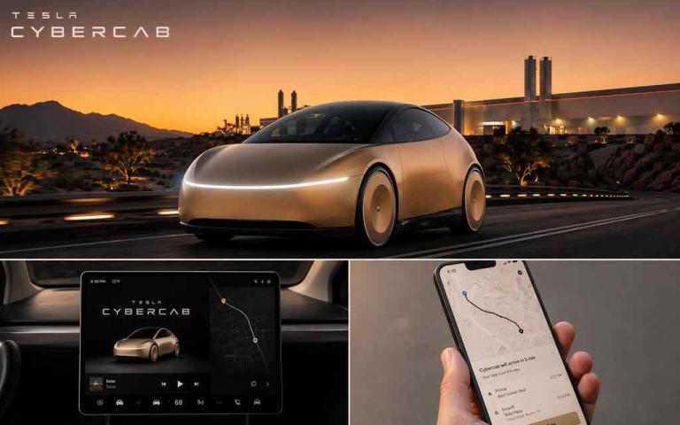 Tesla Cybercab autonomous robotaxi vehicle at Giga Texas factory representing future driverless transportation in 2026