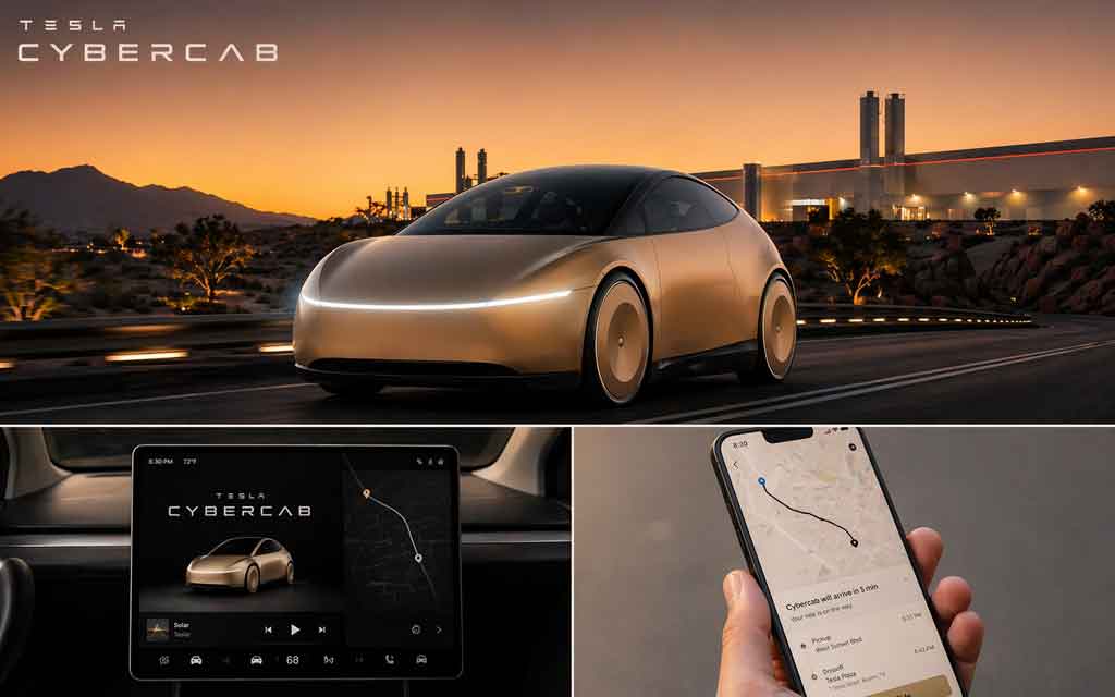 Tesla Cybercab autonomous robotaxi vehicle at Giga Texas factory representing future driverless transportation in 2026
