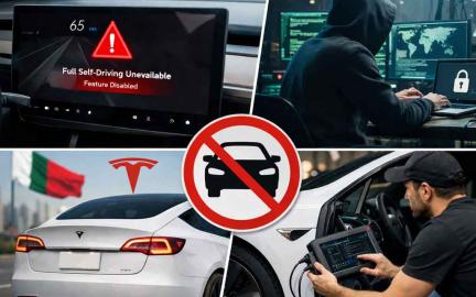 Tesla car dashboard showing Full Self Driving disabled due to unauthorized CAN bus hack and software enforcement in 2026