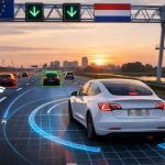 Tesla vehicle using Full Self Driving supervised system on European roads in Netherlands after regulatory approval in 2026