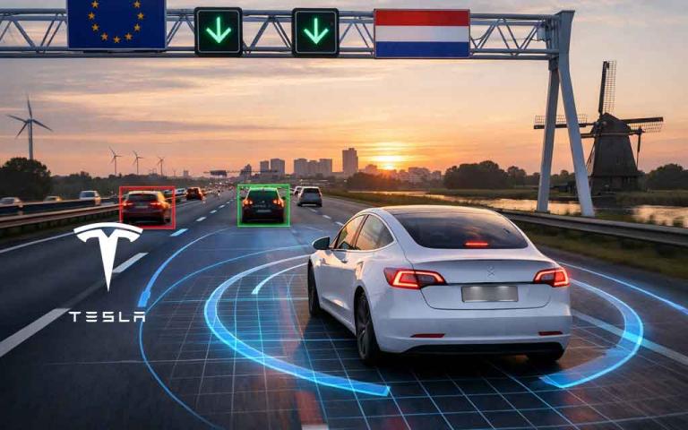 Tesla vehicle using Full Self Driving supervised system on European roads in Netherlands after regulatory approval in 2026