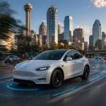 Tesla Model Y robotaxi driving without human driver in Dallas and Houston streets showcasing unsupervised autonomous driving in 2026