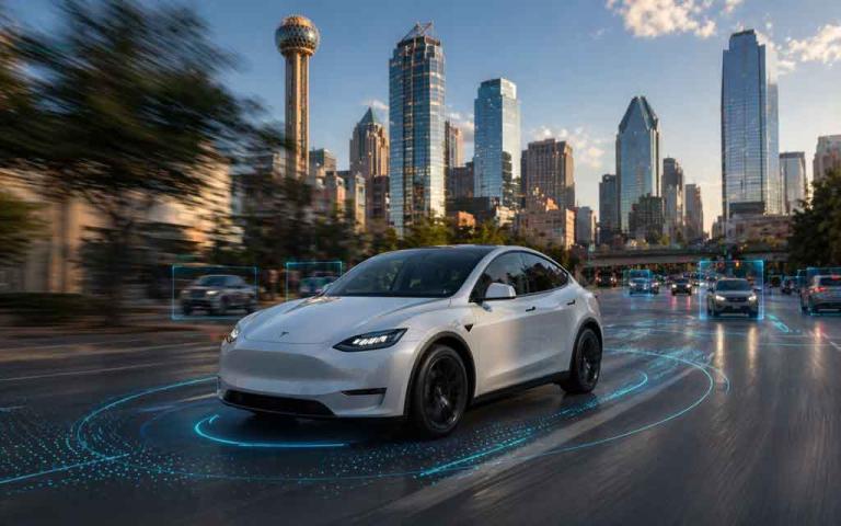 Tesla Model Y robotaxi driving without human driver in Dallas and Houston streets showcasing unsupervised autonomous driving in 2026