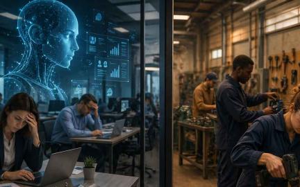 trade school workers and college graduates representing shift in job market due to AI automation and future skills demand in 2026