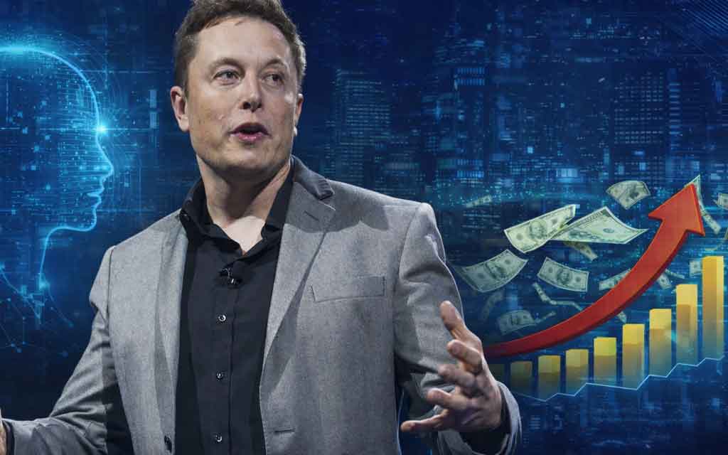 Concept of universal high income showing AI robots producing goods while citizens receive government payments in future economy 2026